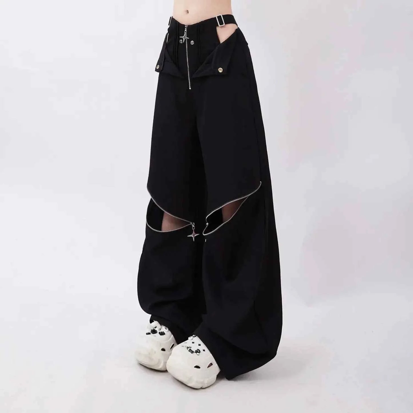 Black Cargo Zipper Design High Pants