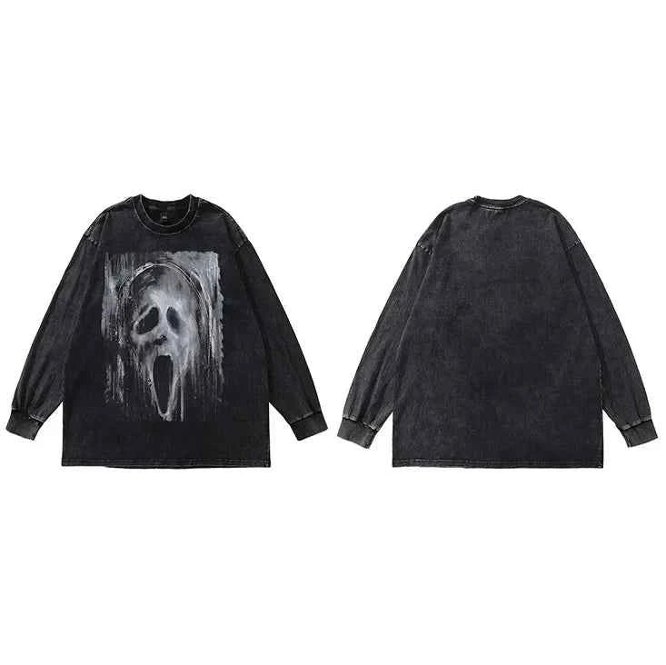 Fashionable Washed Black Ghost Casual Sweatshirt
