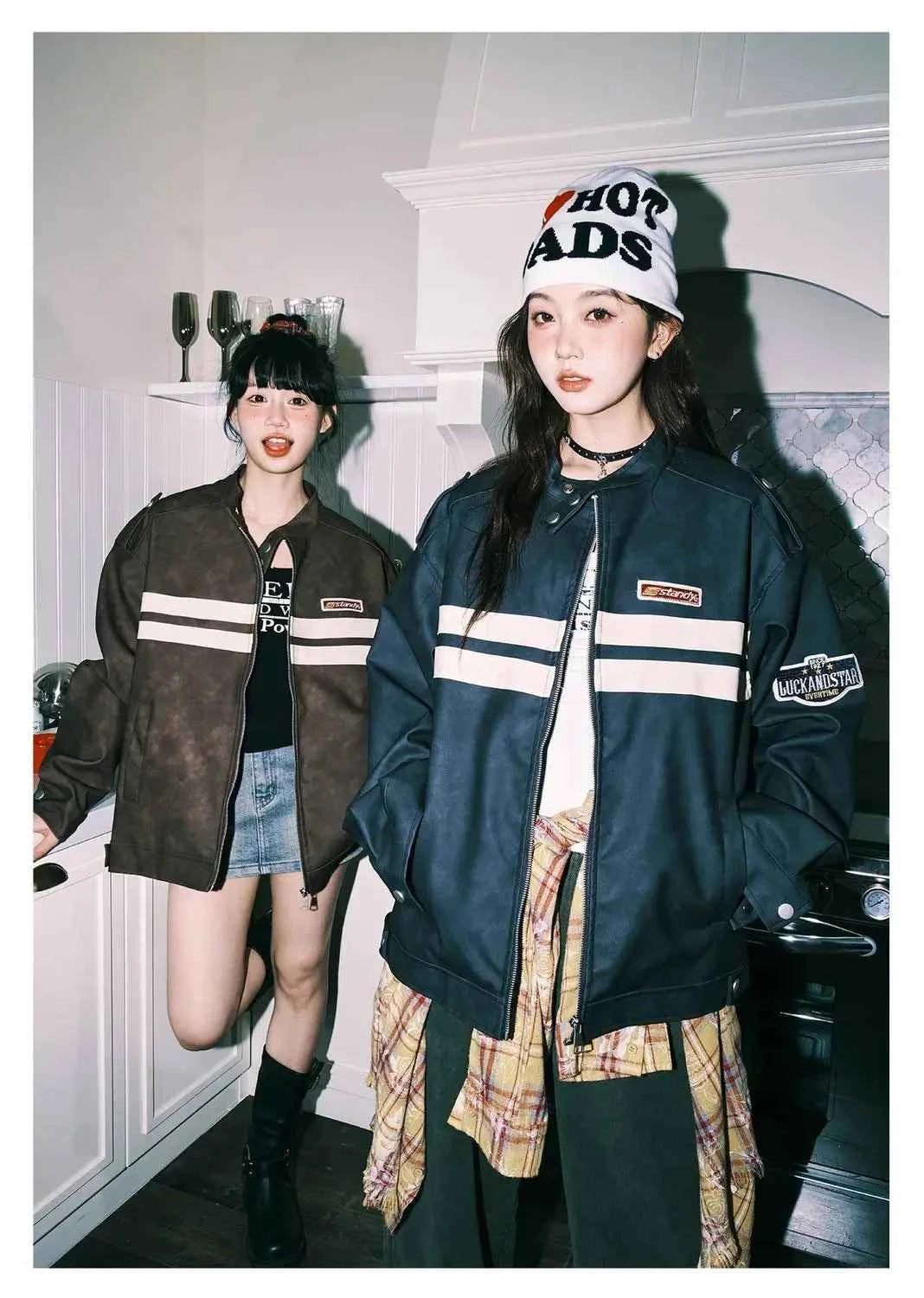 Streetwear Y2K Colorful Retro Striped Leather Jacket