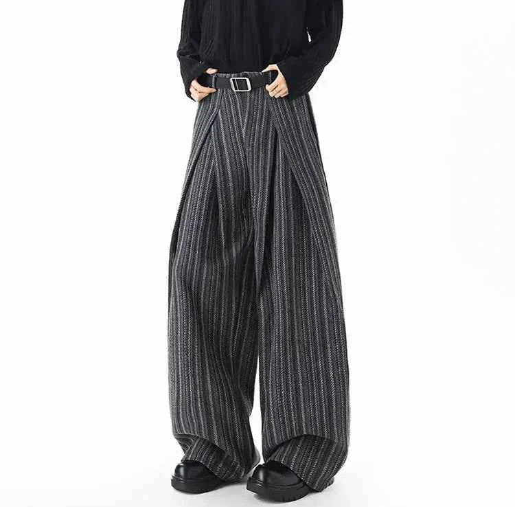 Striped Solid Color Woolen Pleated Wide Leg Pants