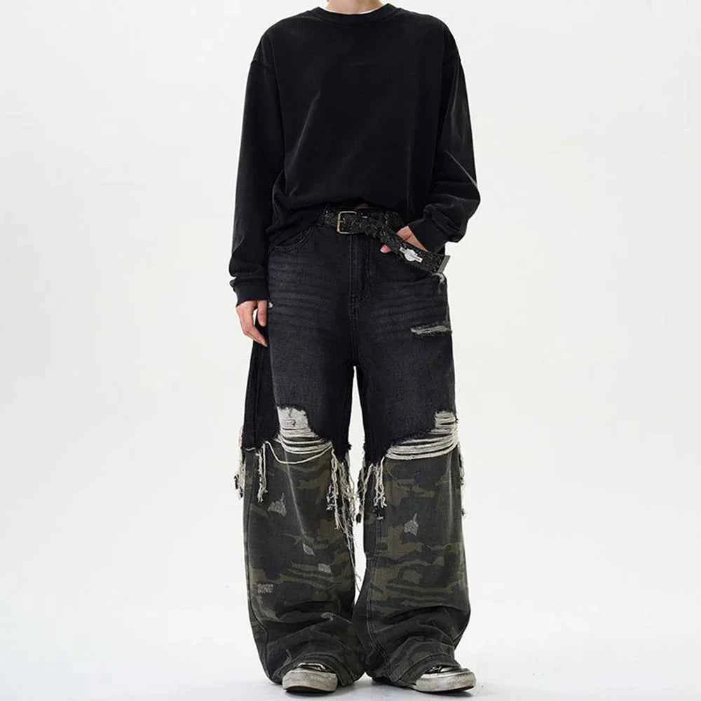 Vintage Camouflage Stitched Baggy Ripped Jeans