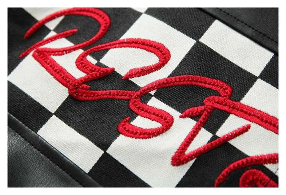 Stylish Hip Hop Plaid Zip Up PU Leather Motorcycle Jacket
