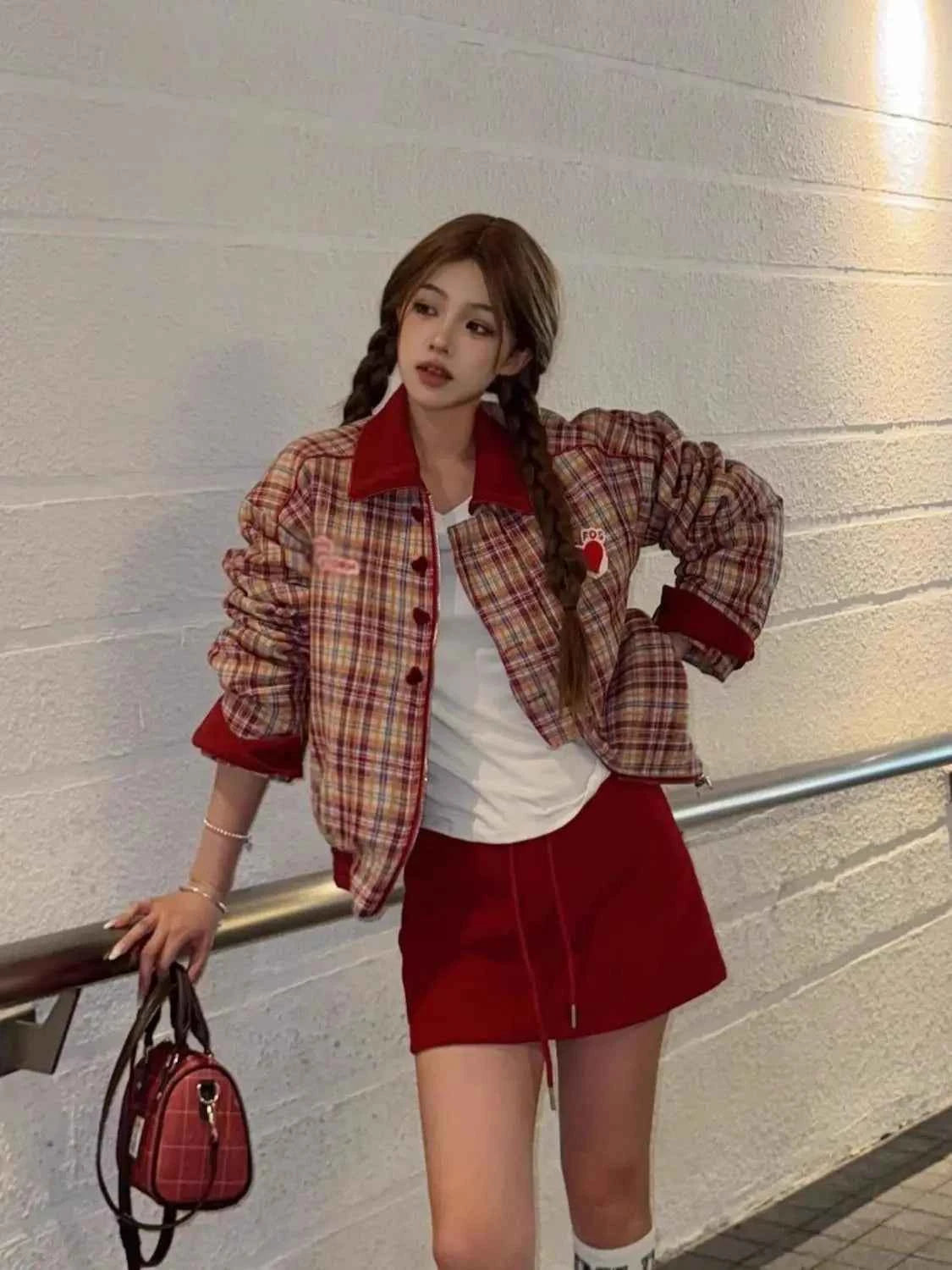 Retro Checkered Patchwork Loose Varsity Jacket
