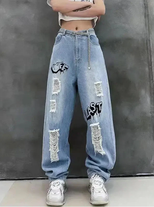 Women High Waist Graffiti Wide Leg Jeans - Luxuryurbanwear