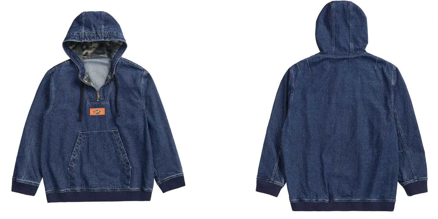 Streetwear Casual Loose Half Zipper Denim Hoodie