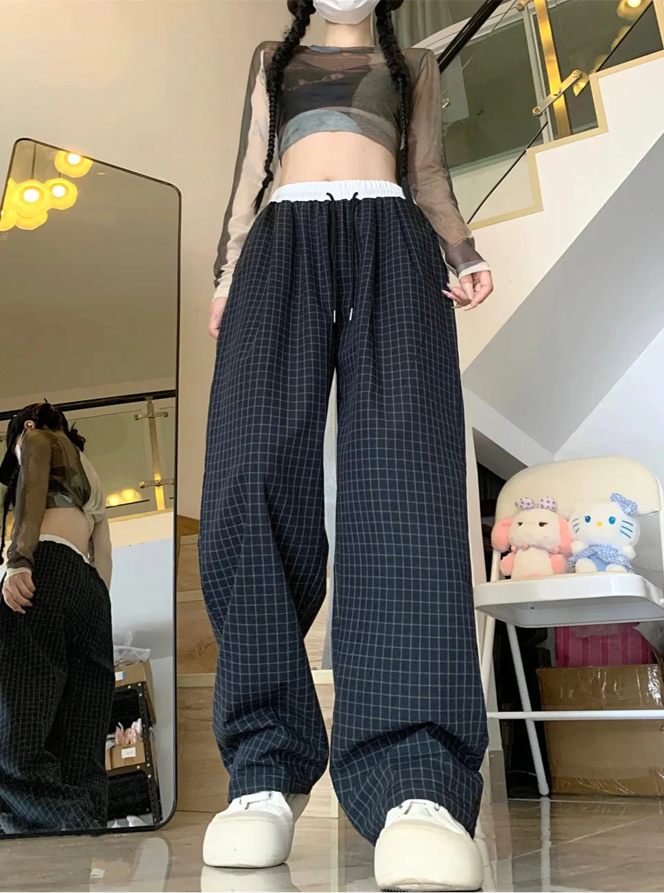 Minimal Street Fit Retro Plaid Wide Leg Sweatpants - Luxuryurbanwear