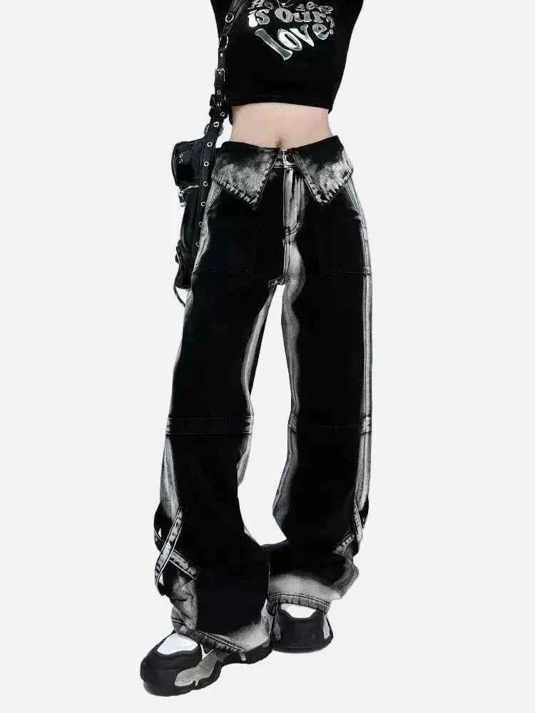 Y2K High Waist Contrast Color Wide Leg Jeans