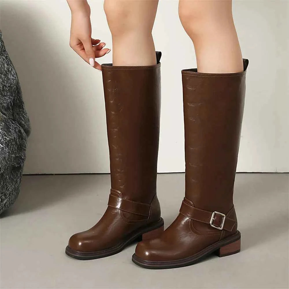 Retro Square High Heels Knee Leather Boots
