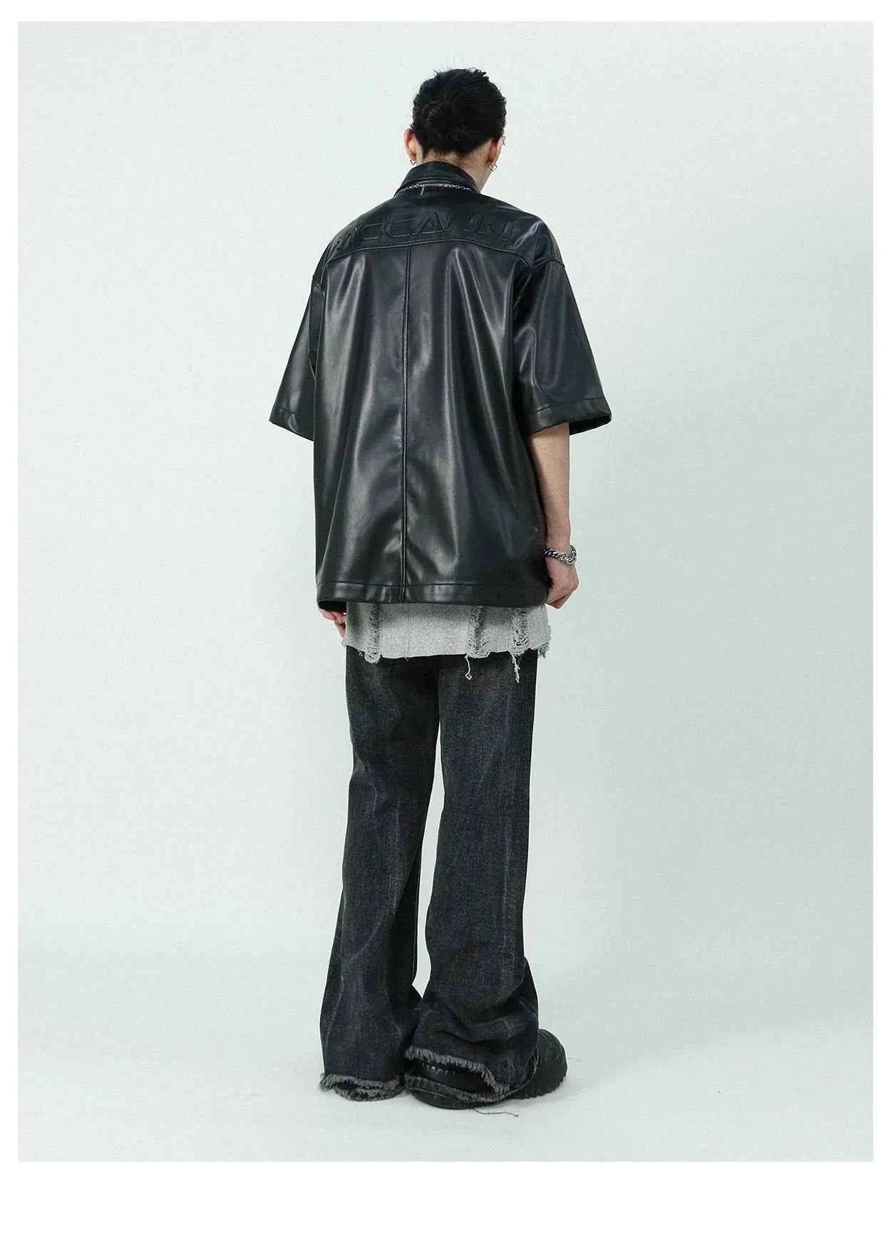 Black Embossed Short Sleeve PU Leather Shirt