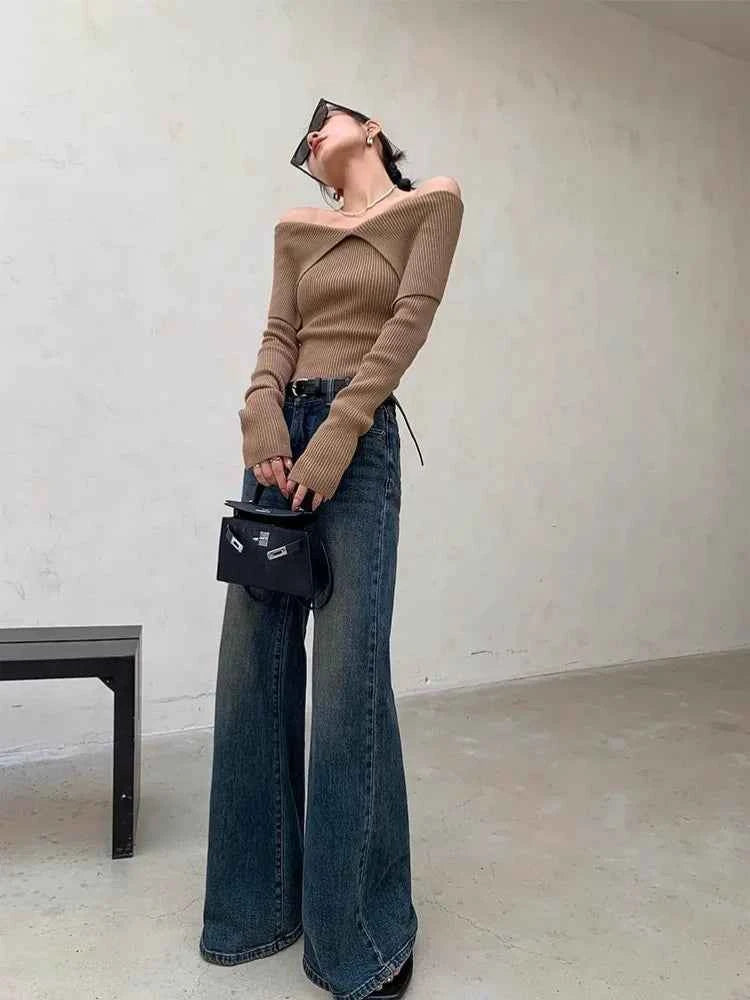 Women Retro Wide Leg Distressed Denim Jeans