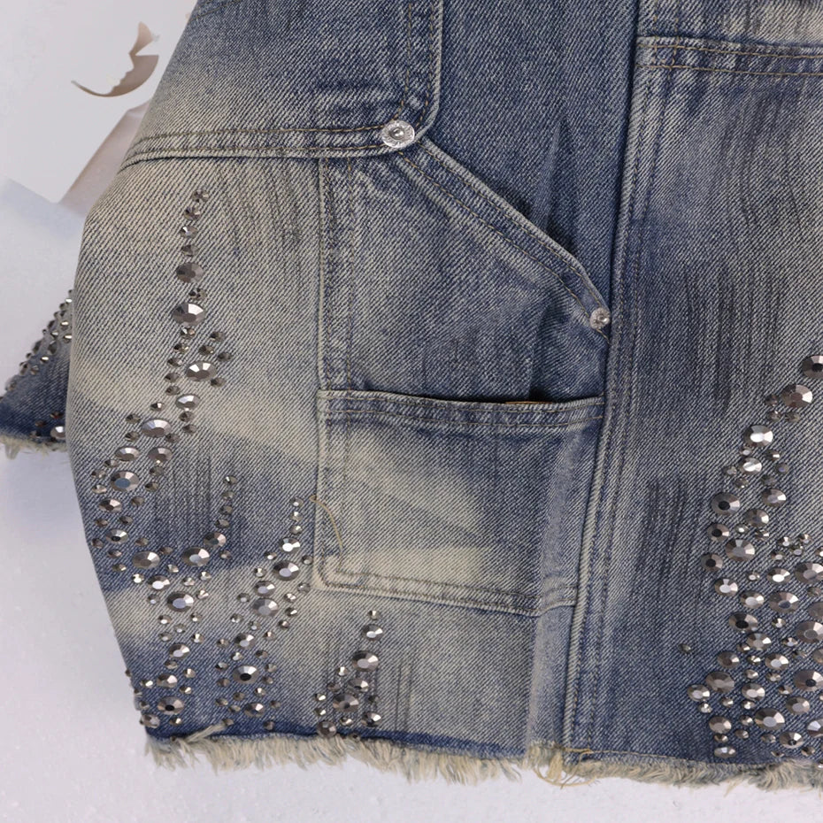 Fire Diamond Denim Rhinestone Shorts