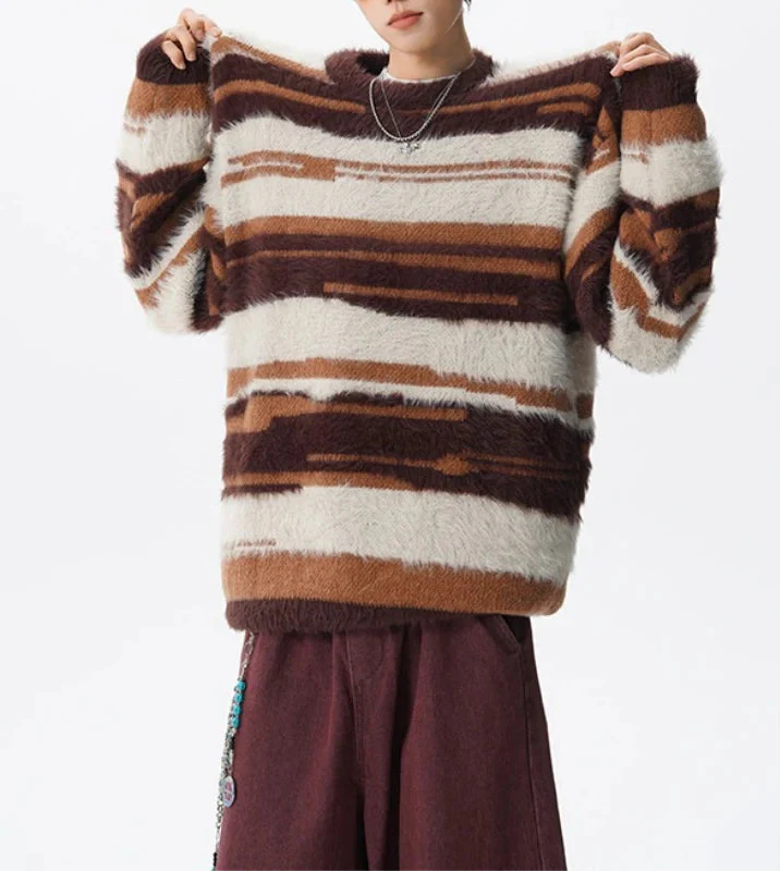 Streetwear Cozy fuzzy Striped Knit Sweater - Luxuryurbanwear