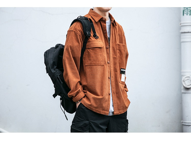 Corduroy Waffle Plaid Semi Collar Overshirt