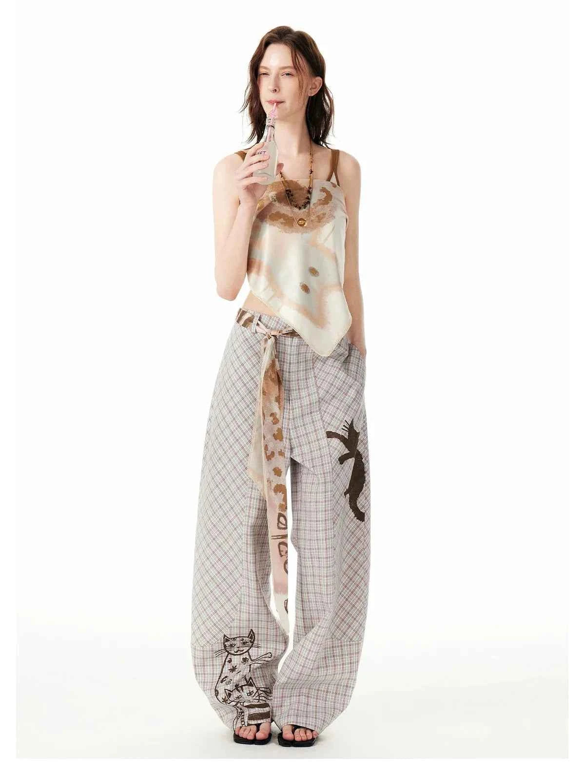 Comfort Plaid Cat Print Retro Sweatpants