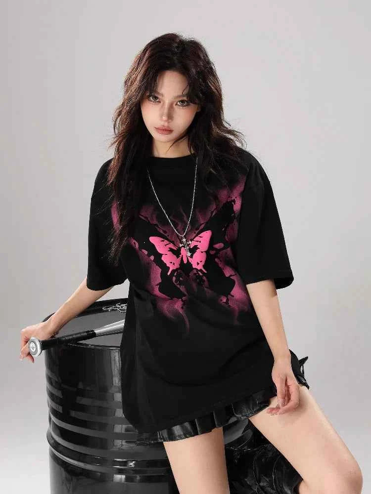 Women Streetwear Butterfly Print Loose Fit T-Shirt