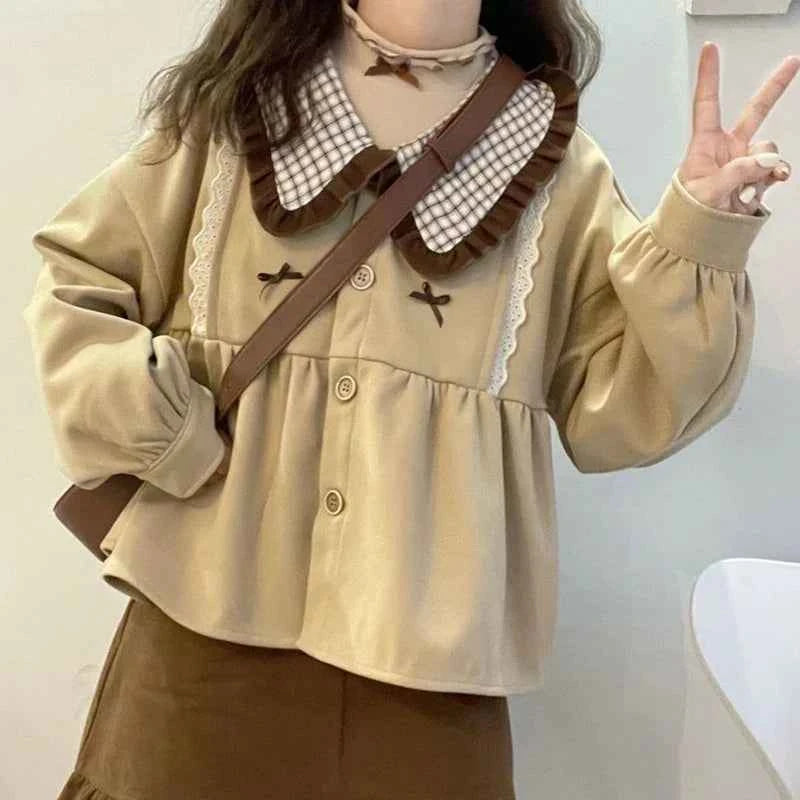 Women Cool Chic Korean Patchwork Peter Pan Shirt