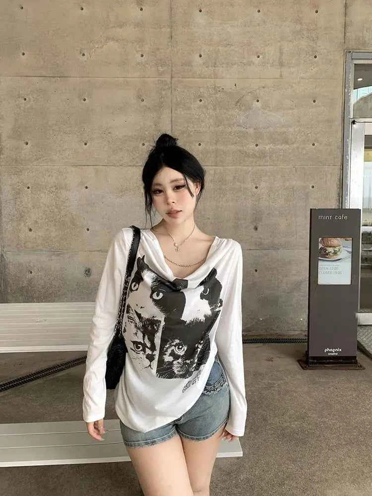 Cat Graphic Print Long Sleeve T-Shirt