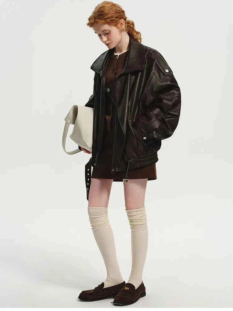 Luxury Brown Oversized PU Leather Jacket