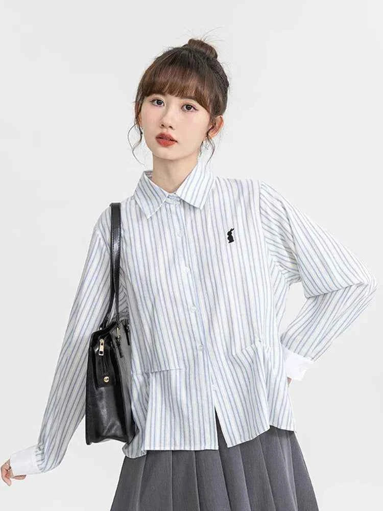Women Retro Sweet Preppy Style Striped Long Shirt