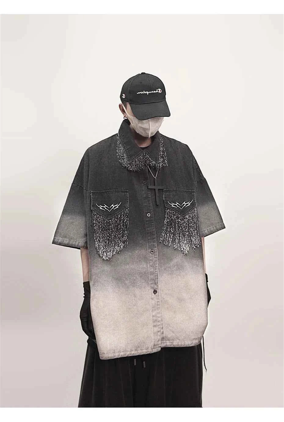 Oversized Black Tassels Denim Shirt