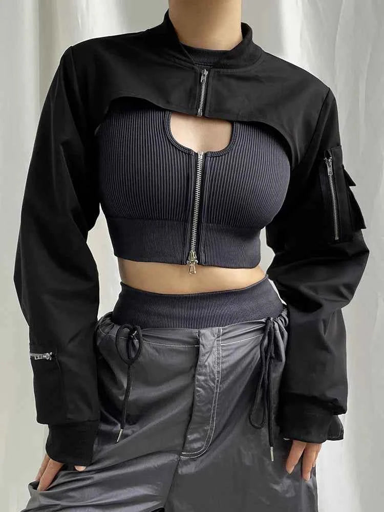 Women Edgy Punk Zip-Up Cargo Jacket