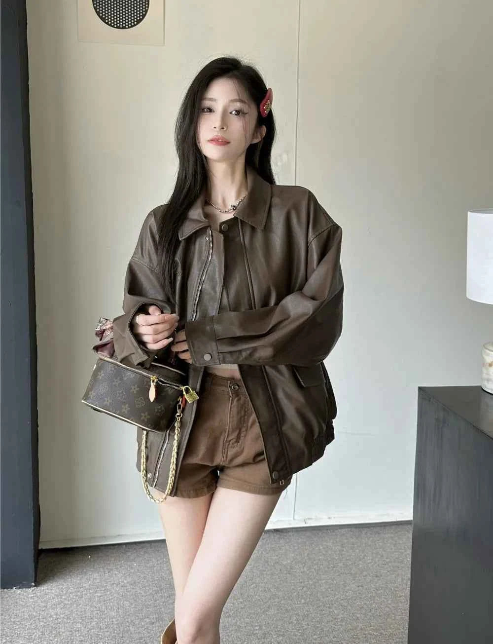 Women Retro Moto Bike Casual Style Leather Jacket