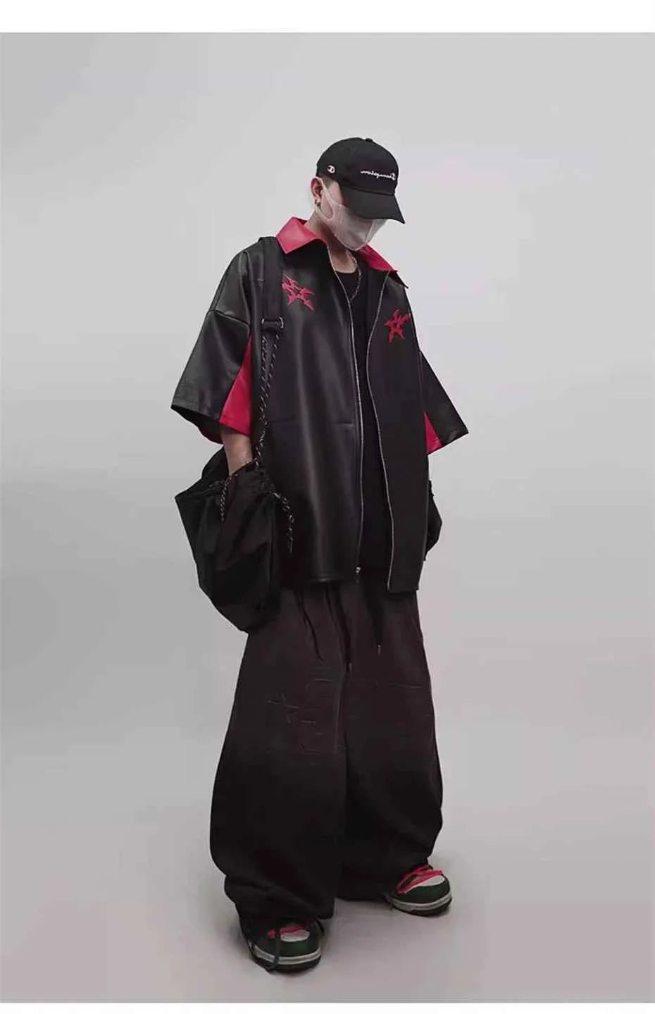 Men's Punk Short Sleeve Zipper Print Leather Jacket