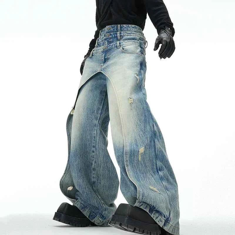Men Layered Patchwork Wide Leg Jeans