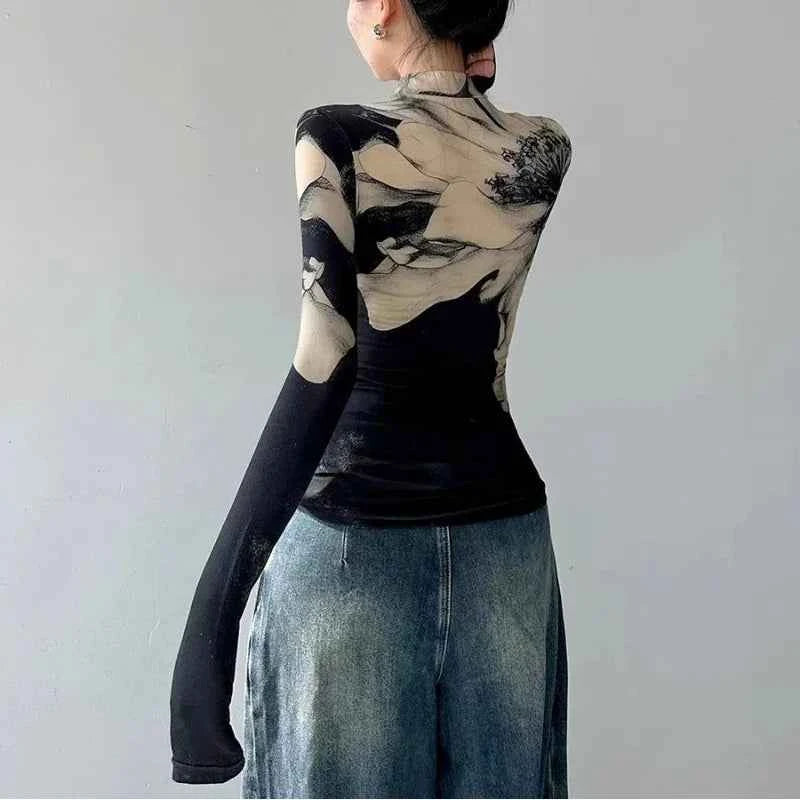Chic Patchwork High Neck Slim T-shirt