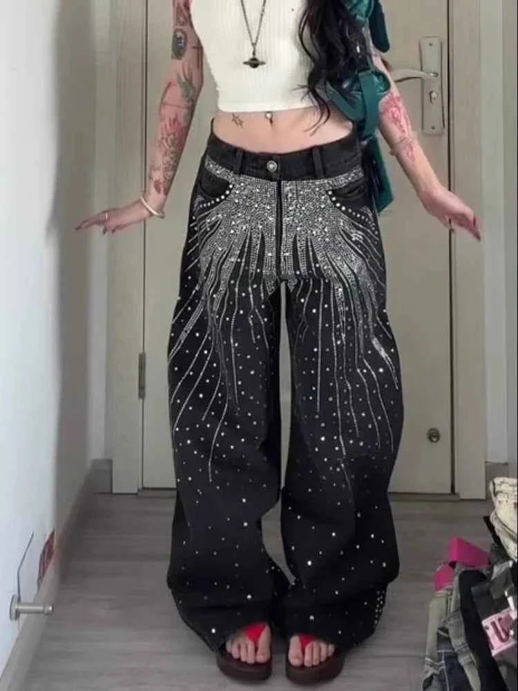 High quality rhinestone wide fit Jeans