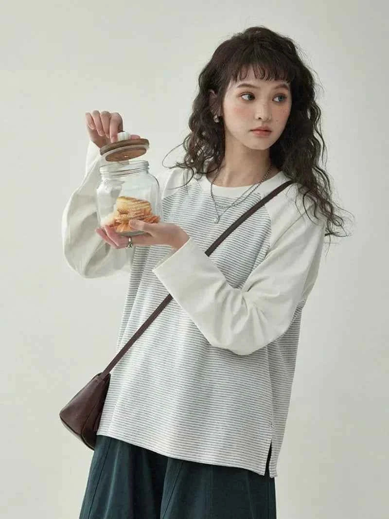 Y2K Japanese Style Patchwork Striped Loose Sweatshirt