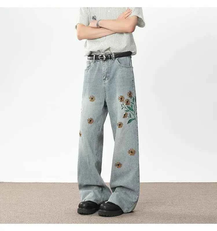 Handsome Embroidered Wide Leg Denim Jeans