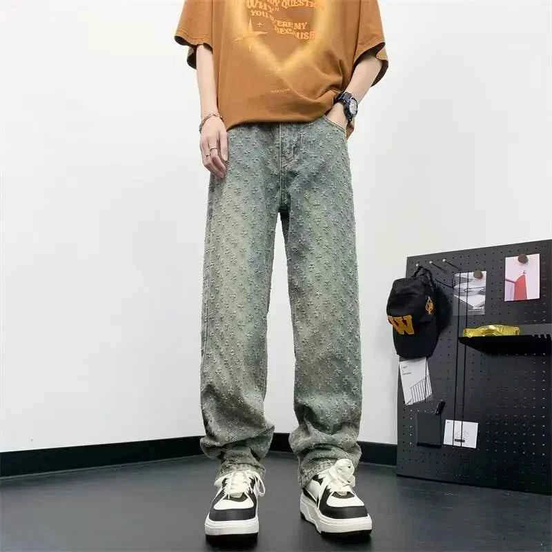 Distressed Wide Jacquard Denim Jeans