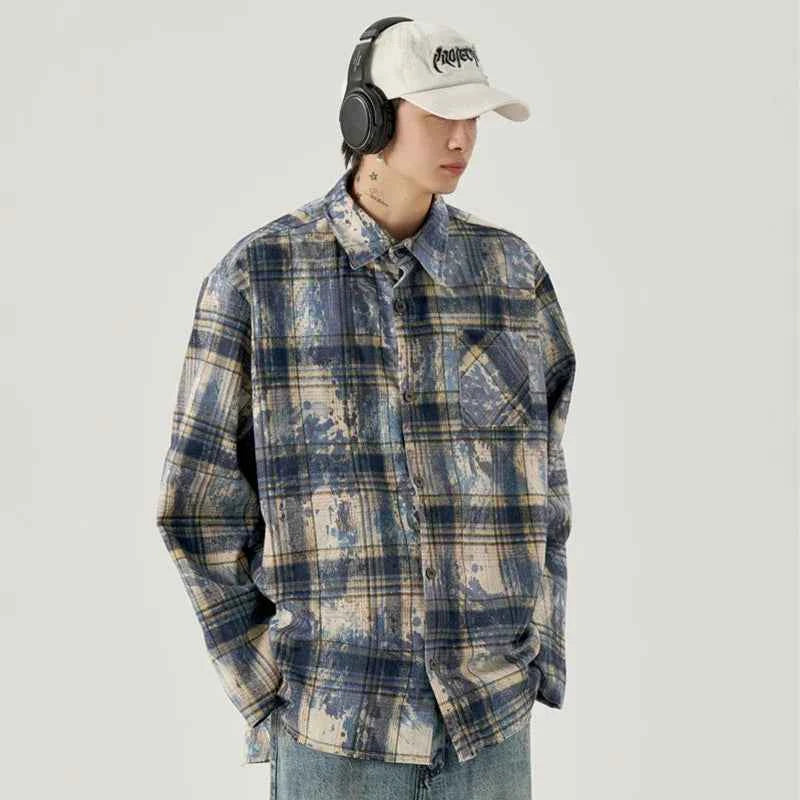 Men's Cool Vintage Autumn Tie Dye Plaid Shirt