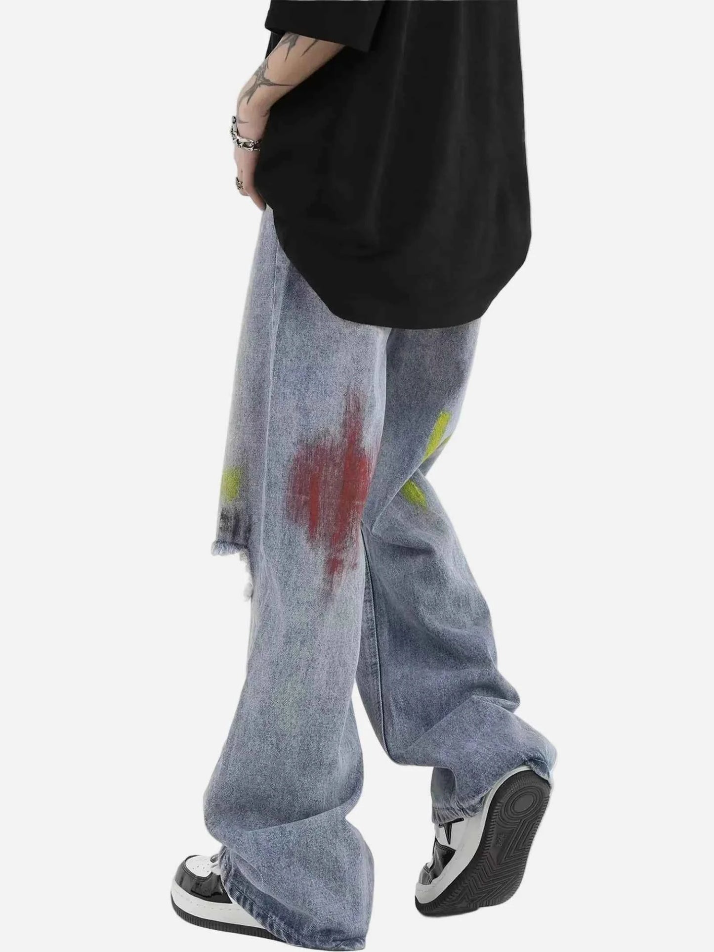 Trendy Blue Washed Ripped Straight Leg Jeans