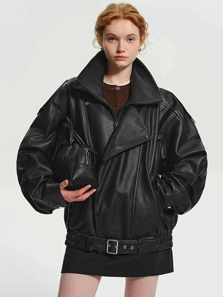 Luxury Brown Oversized PU Leather Jacket
