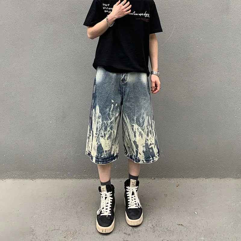 Flame Graphic Print Denim Short