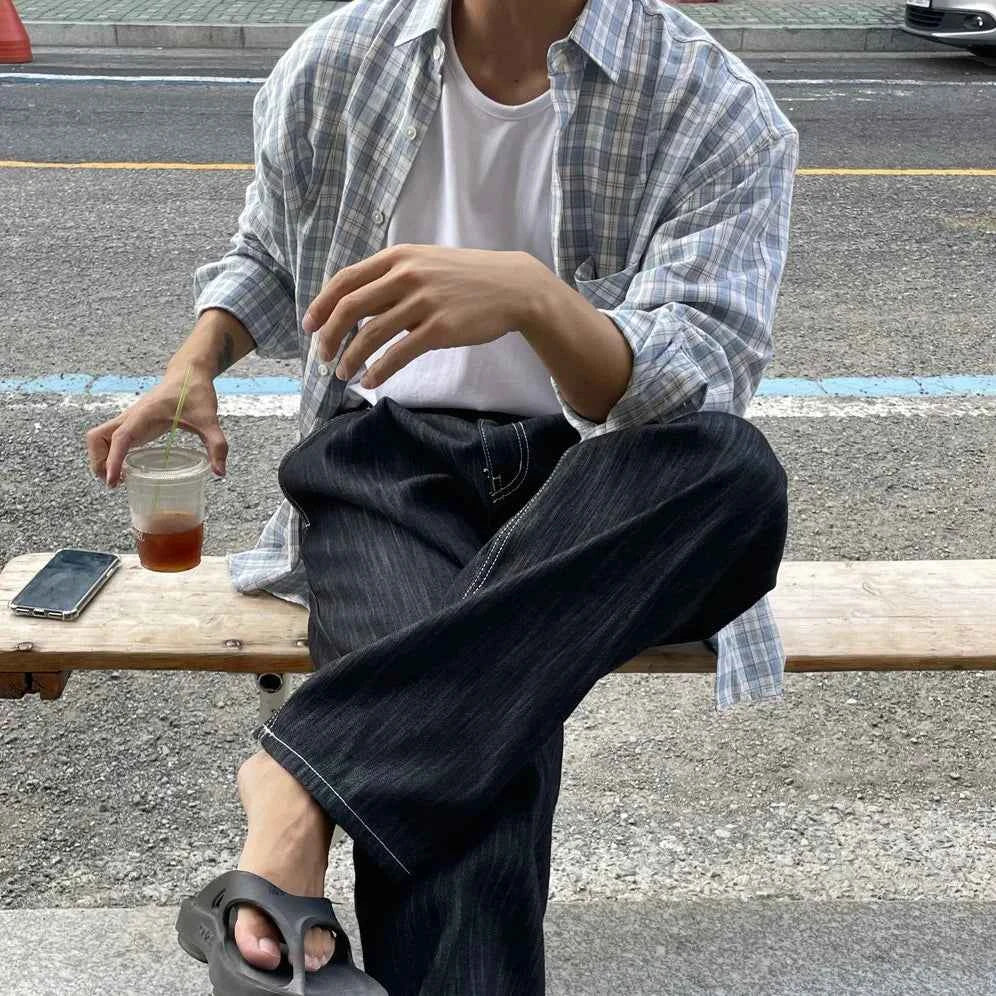 Men's Casual Loose Korean Style Plaid Long Shirt