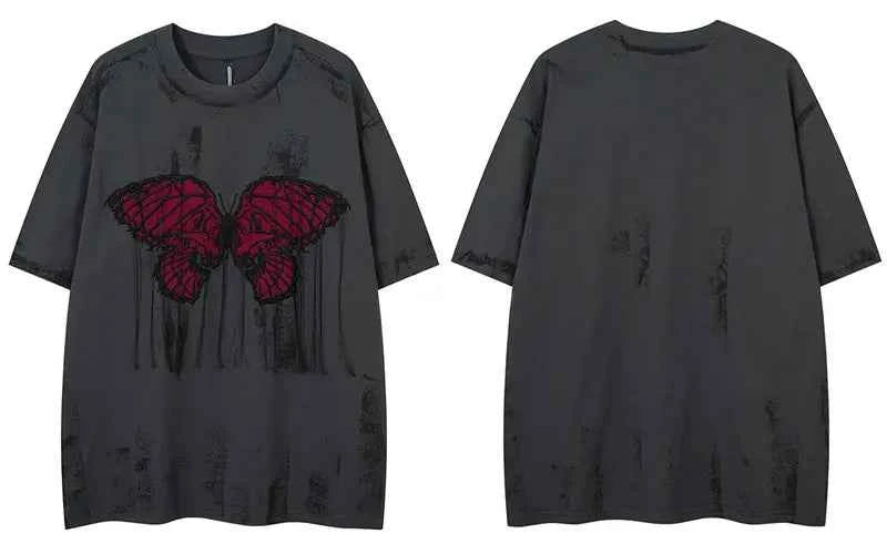 Oversized Grunge Butterfly Embroidered Tie-Dye T-Shirt