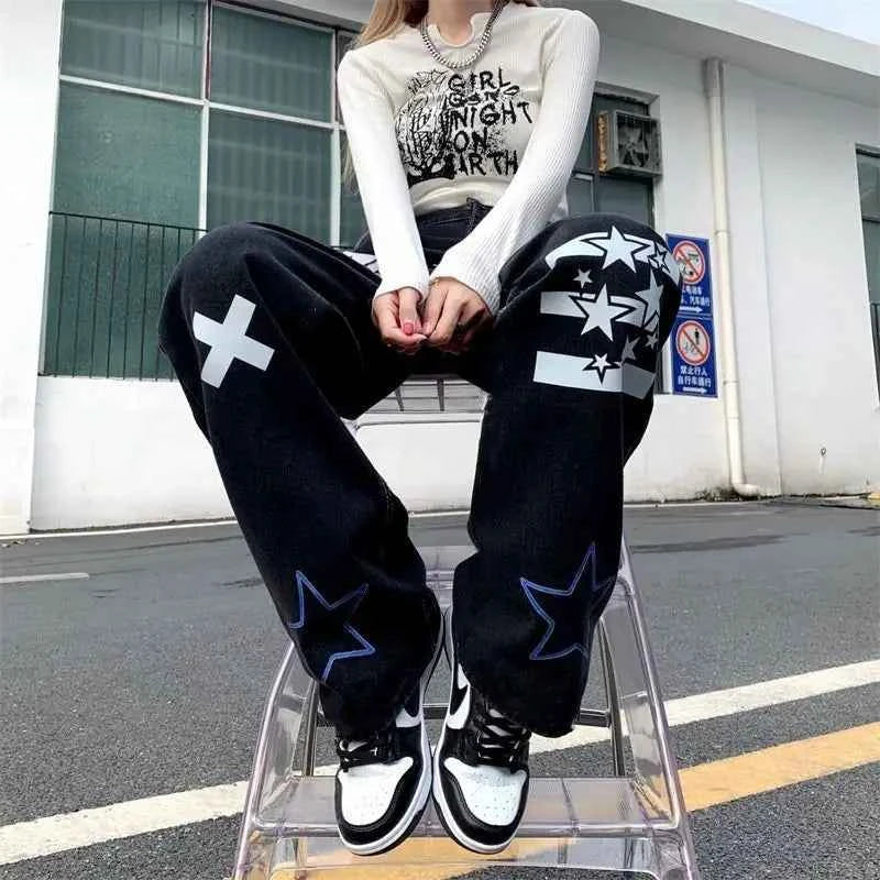 Streertwear Black Star Print High Jeans