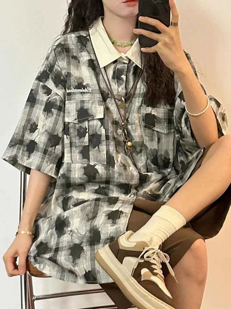Women Retro Loose Oversize Printed Short Sleeve Shirt