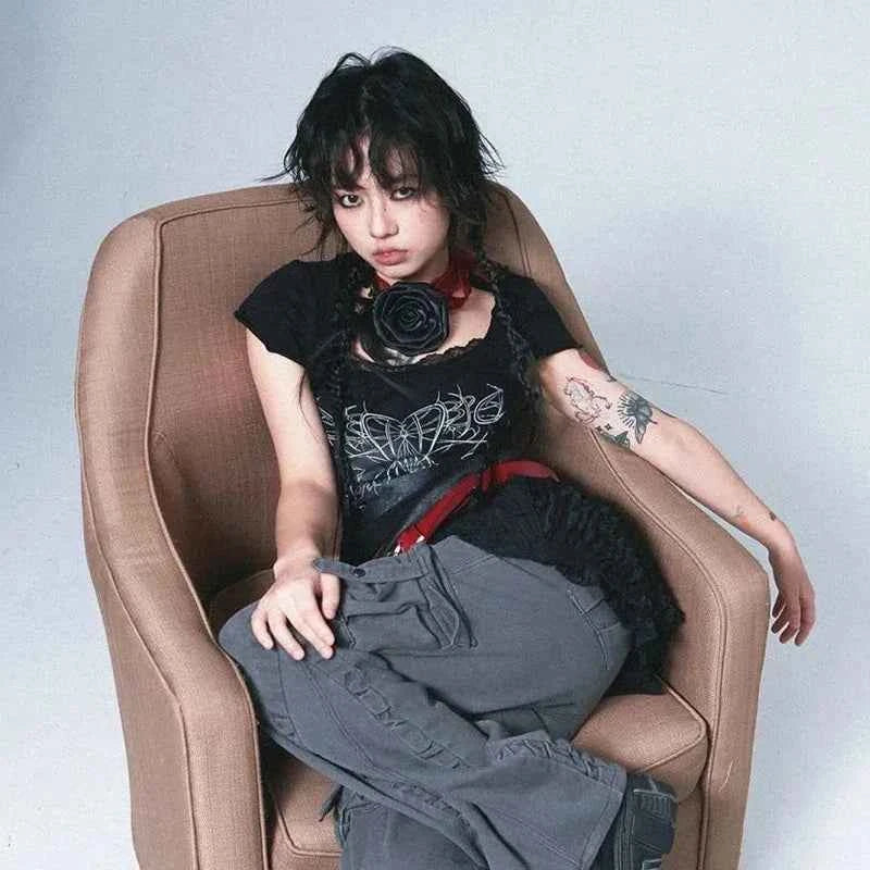 Vintage Lace Patchwork Black Print T-Shirt
