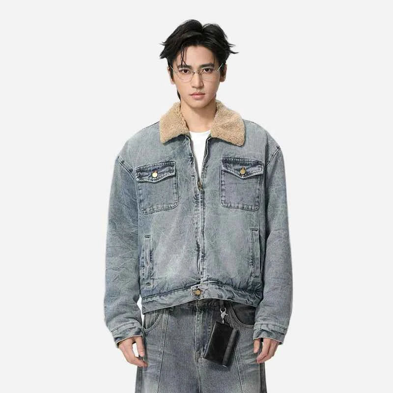 Streetwear Turn Down Fur Collar Washed Denim Jacket