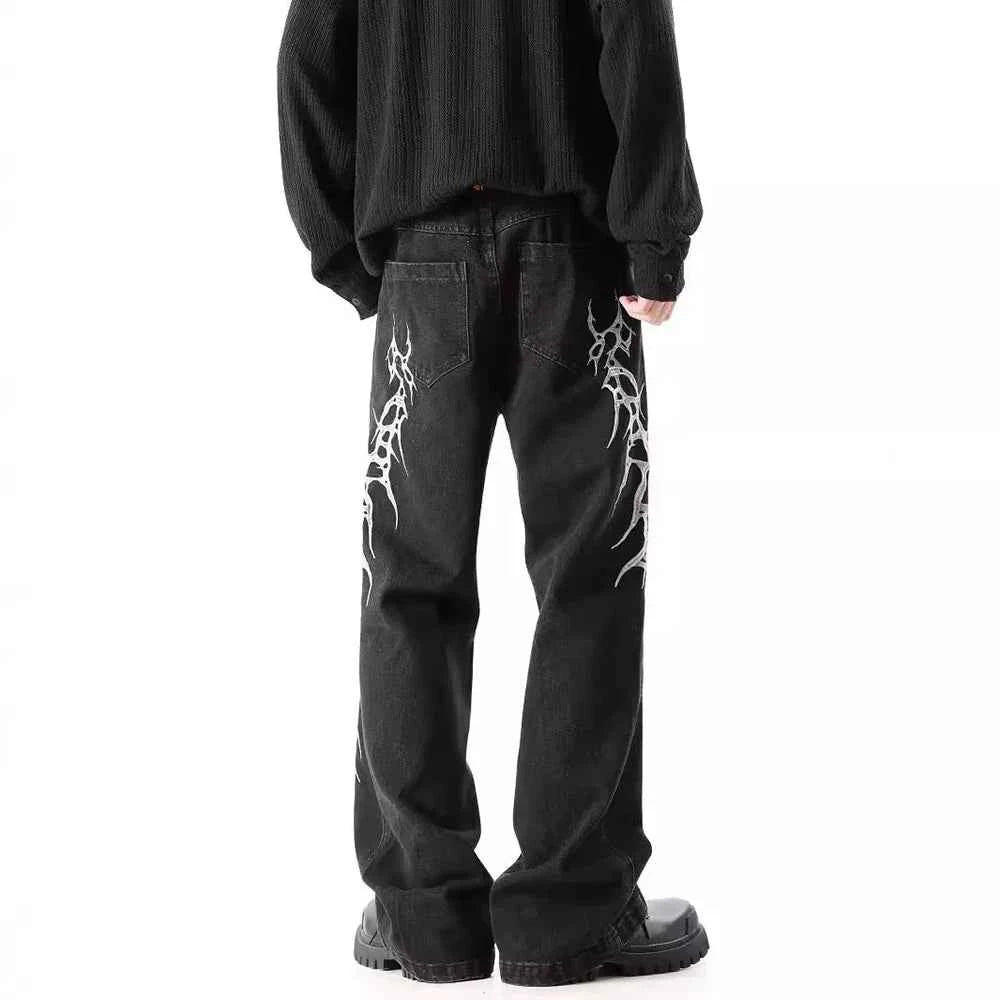 Y2K Black Loose Straight Embroidered Jeans