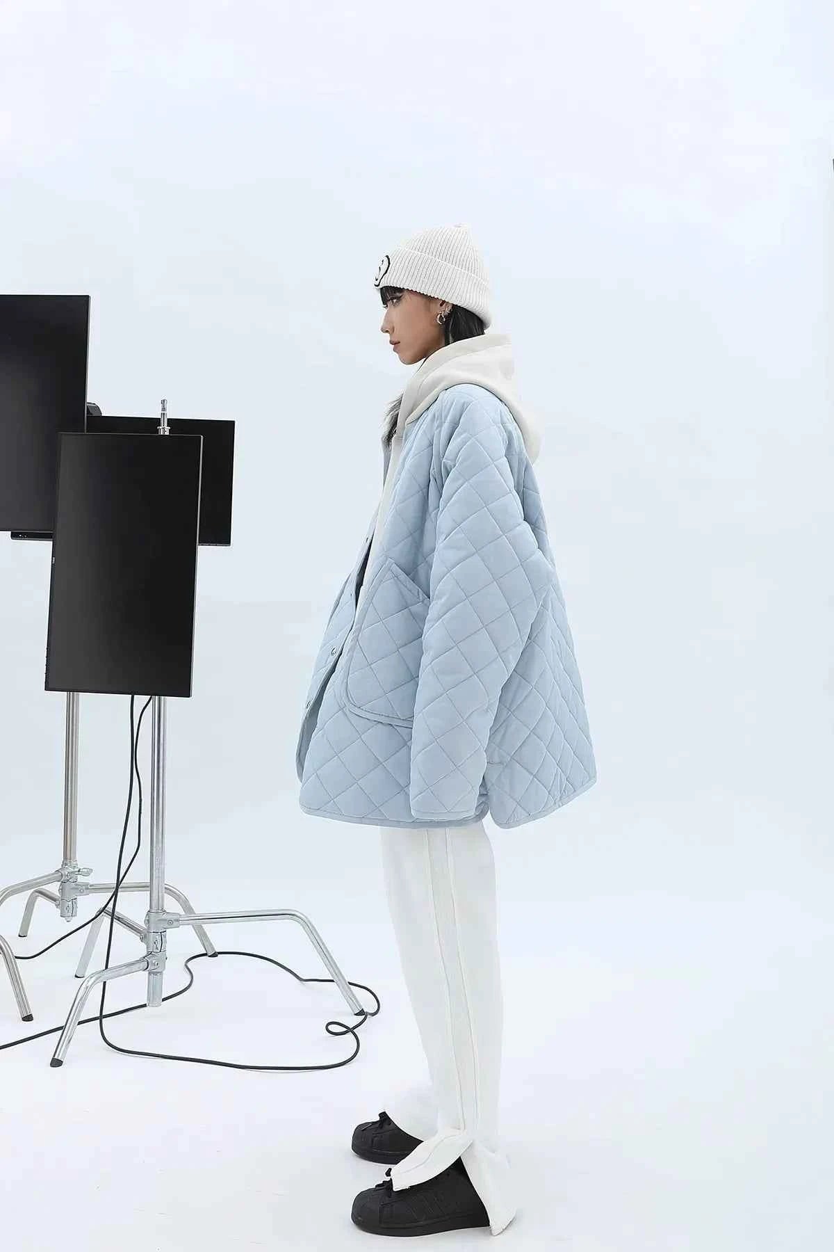 Winter Warm Diamond Grid Blue Cotton Jacket