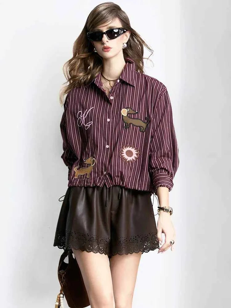 Cute Striped Cartoon Dog Embroidered Shirt