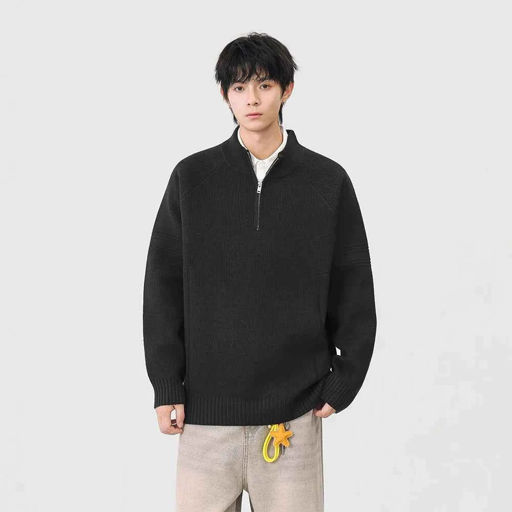 Cozy Ribbed Knit Mock Neck Half Zipper Sweater