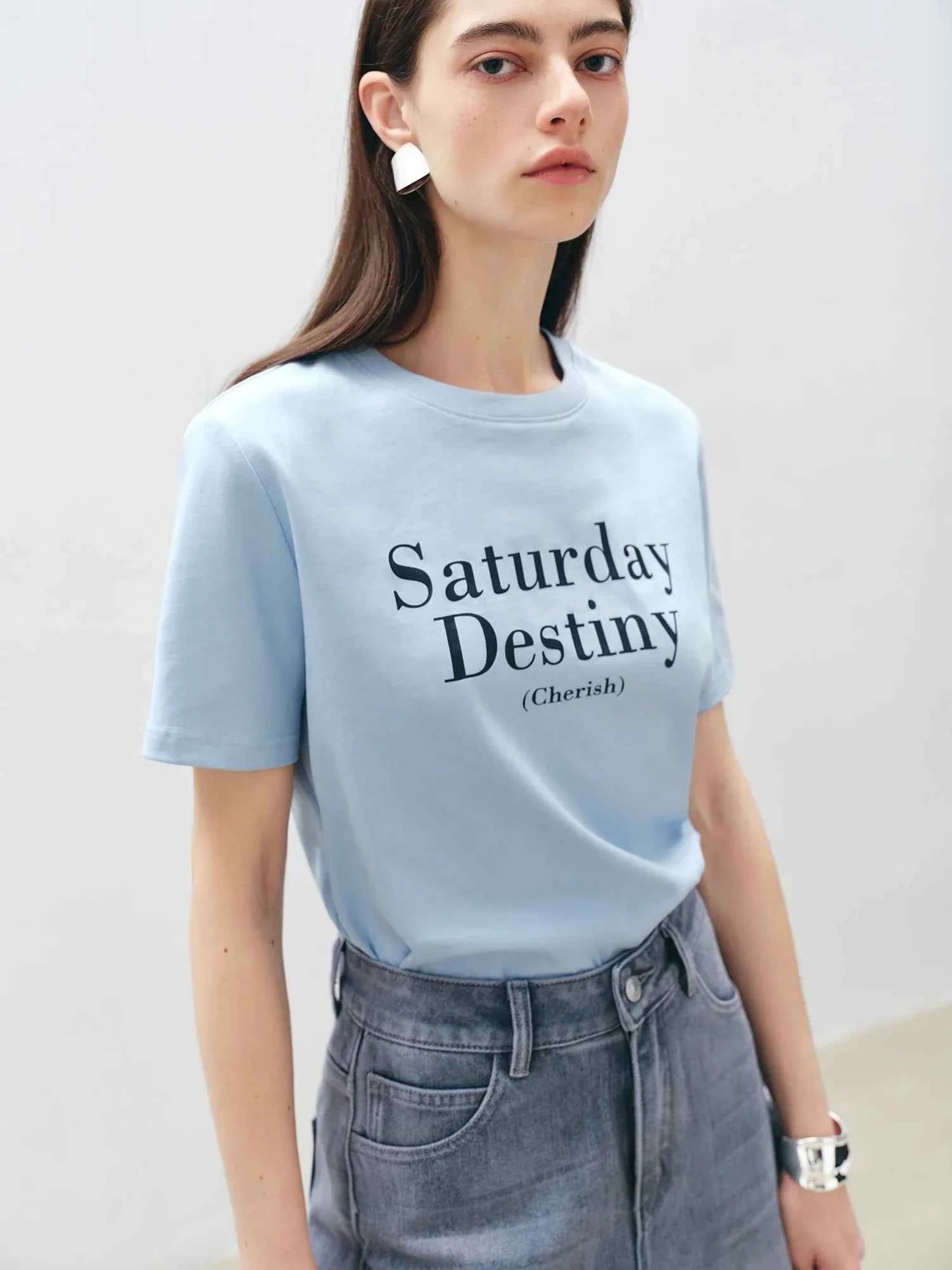 Women Cool Blue Printed Cotton Short-Sleeved T-Shirt