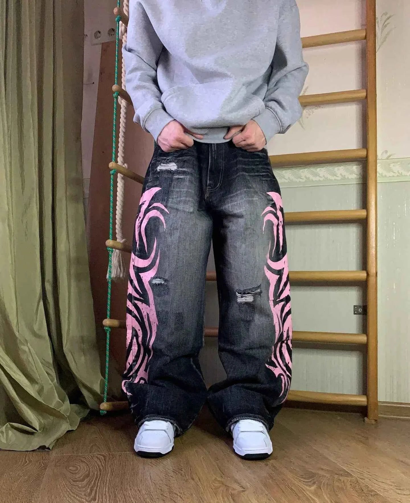 Pink Flame Emblem Doodle Print Jeans
