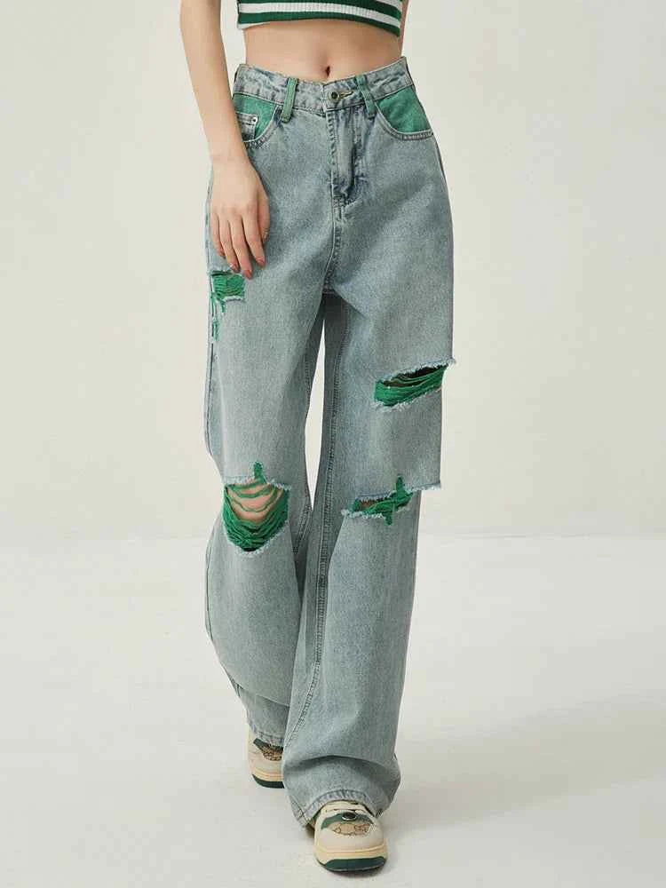 High Waist Wide Leg Distressed Ripped Jeans